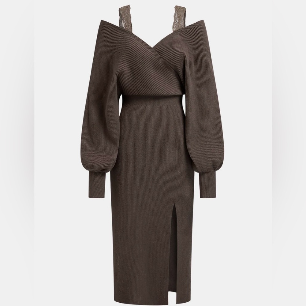 NWT Brown Off Shoulder Knit Midi Dress Lace Strap Slit Minimalist XL